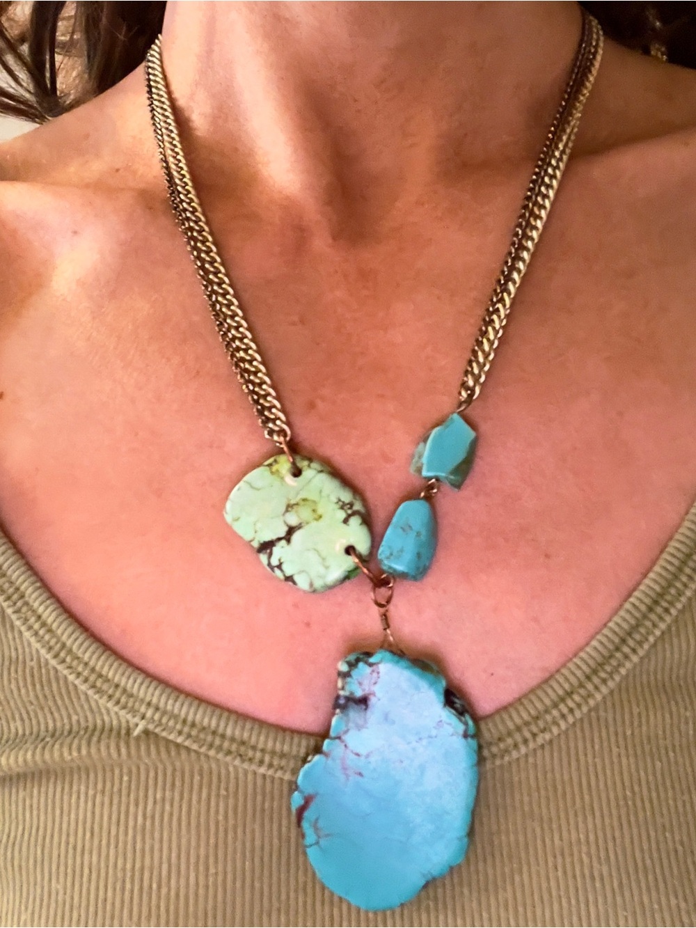 Hand-Made Double Chain VTG Artisan Turquoise Slab Statement Necklace 39"